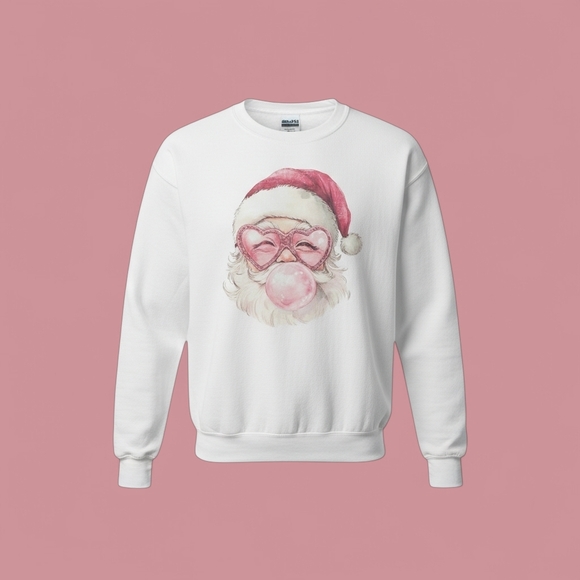 Gildan Tops - Gildan White Sweatshirt with Pink Santa Design